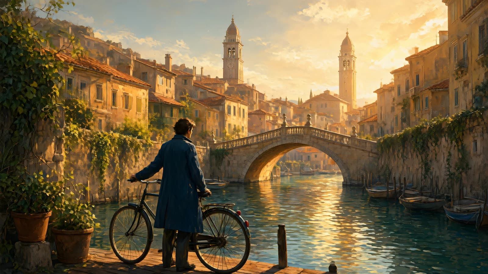 Man with Bicycle on Canal
