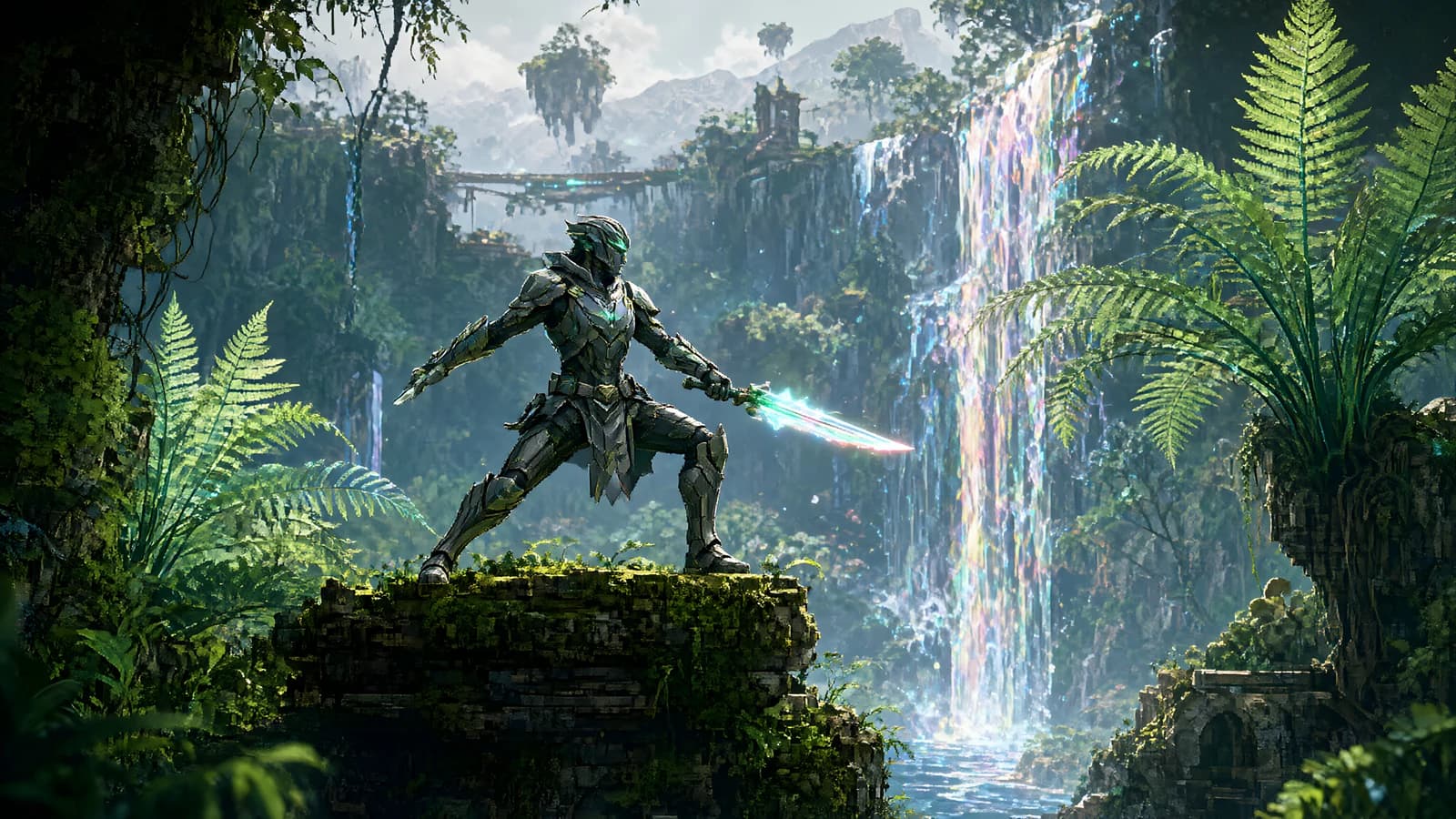 Armored Warrior in a Lush Fantasy Jungle