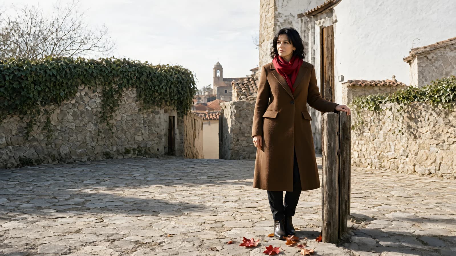 Woman in a brown coat standing in a stone courtyard