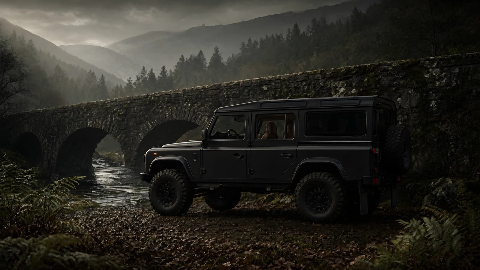 Black SUV by a Stone Bridge