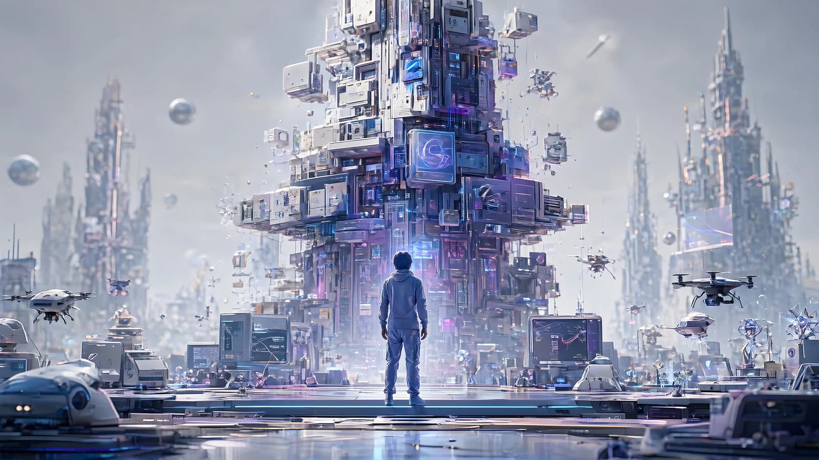 Figure Before a Floating Tech Tower