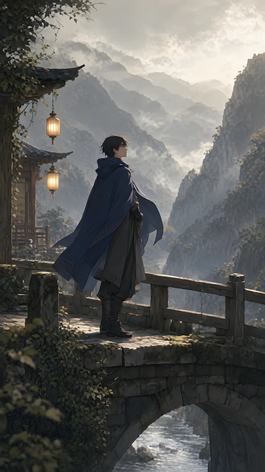 Traveler on a Misty Mountain Bridge
