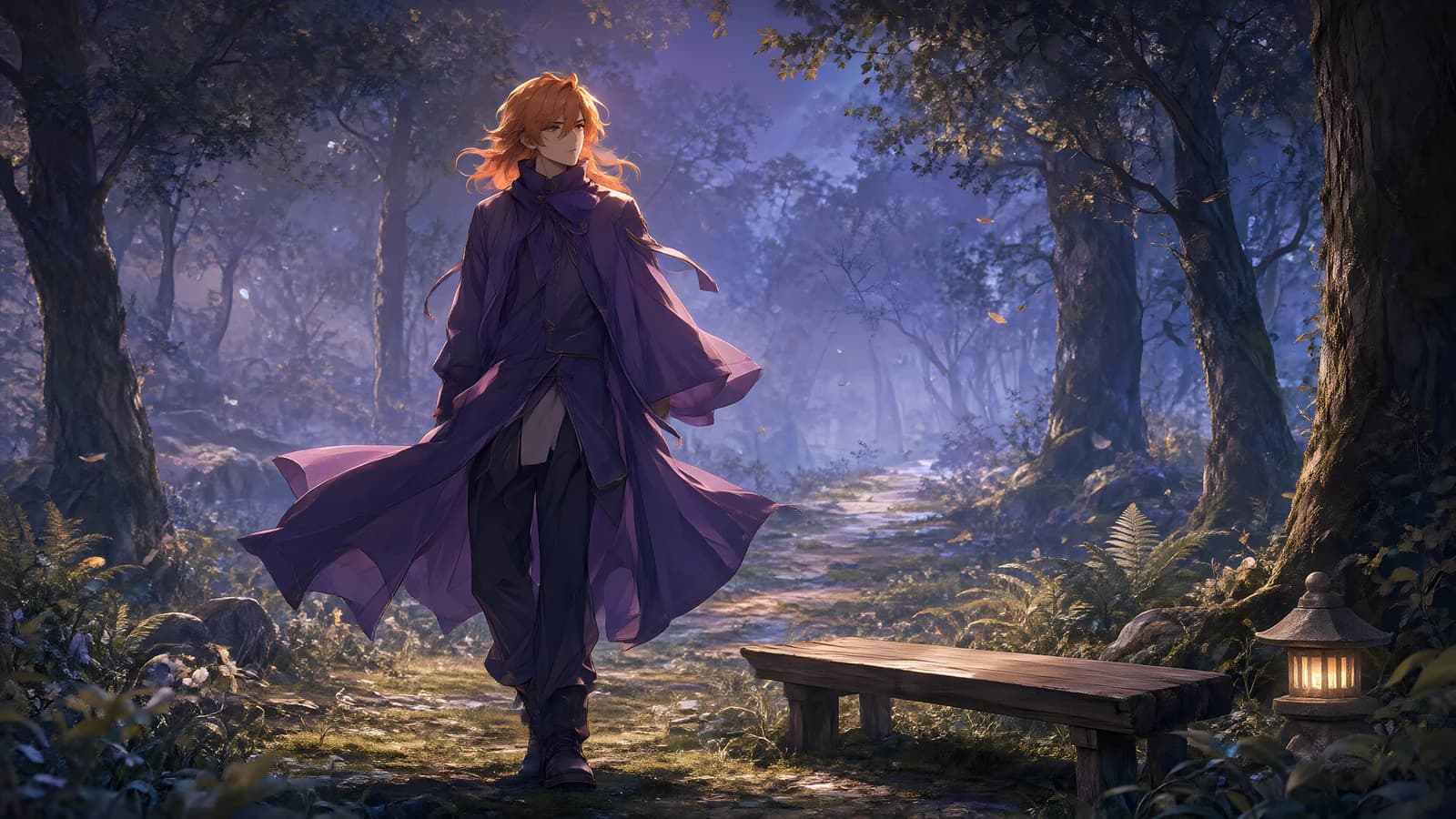 Figure in a Purple Cloak in a Misty Forest