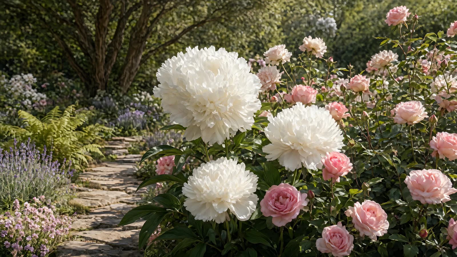 Garden Path with White Peonies