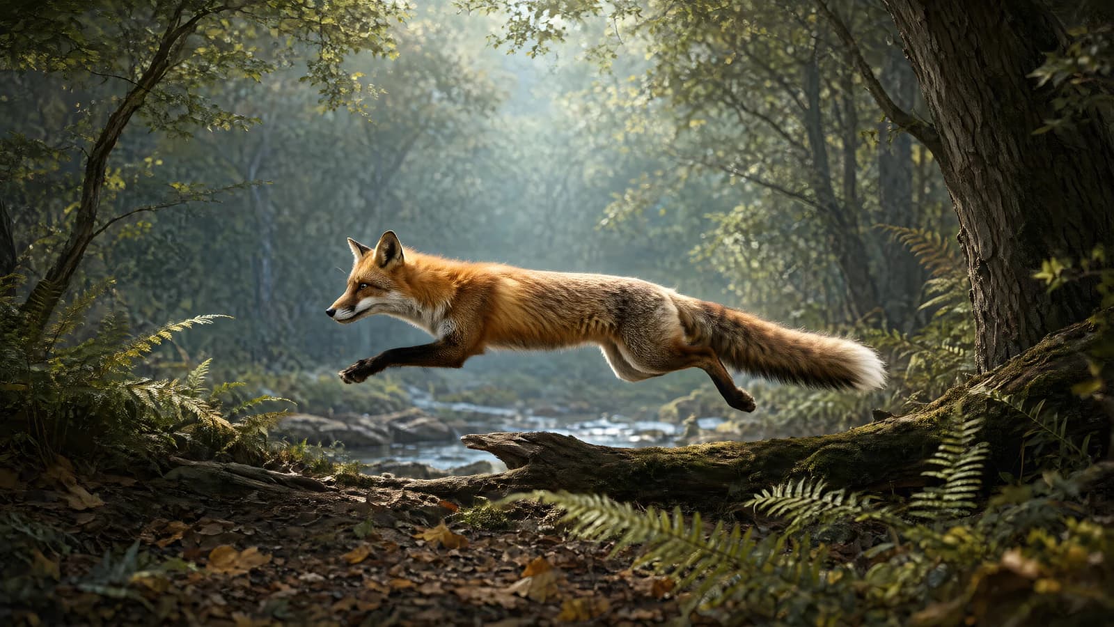 Red Fox Leaping in Forest