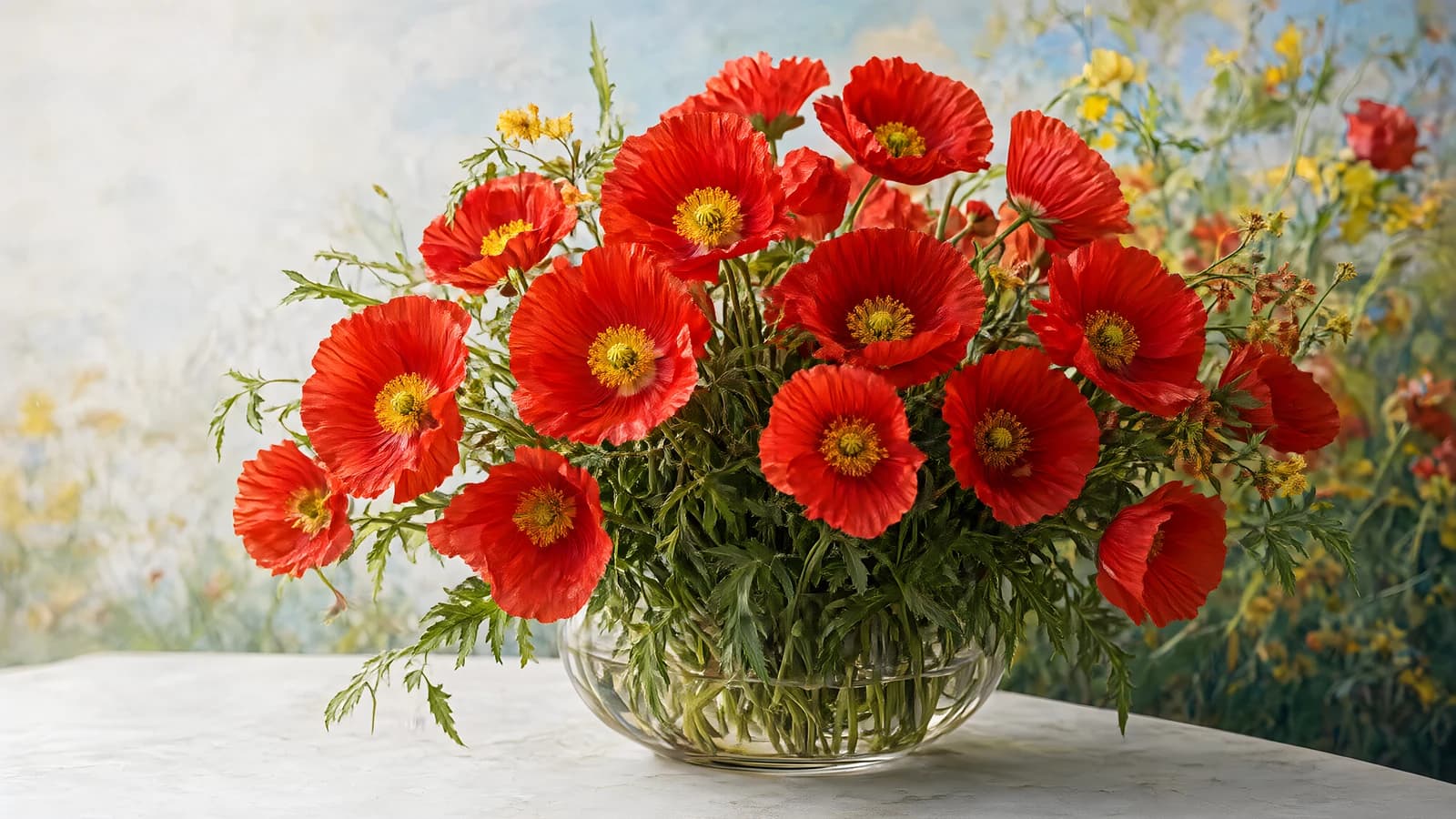 Red Poppies in a Glass Bowl