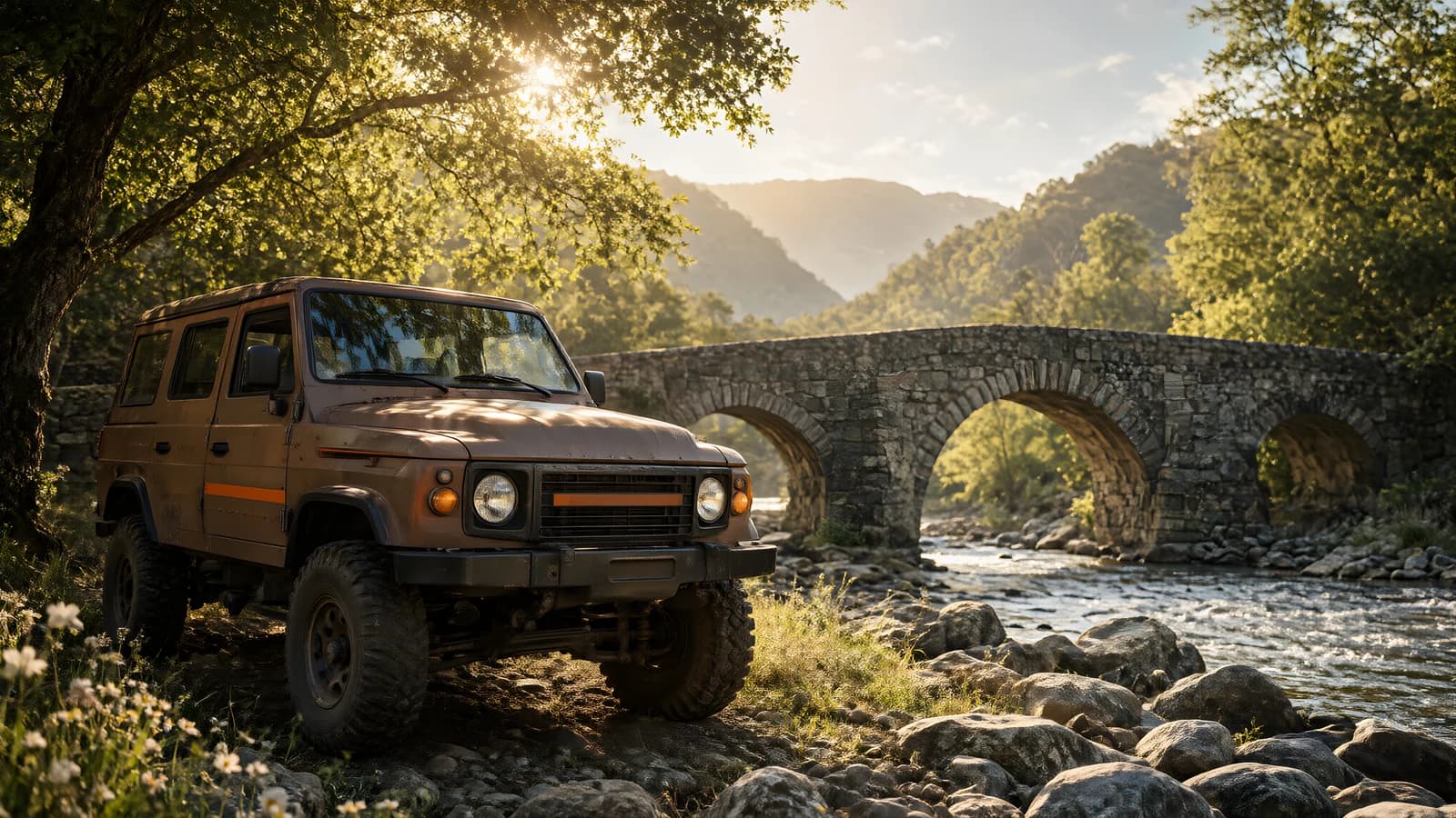 Off-Road Vehicle by a Stone Bridge