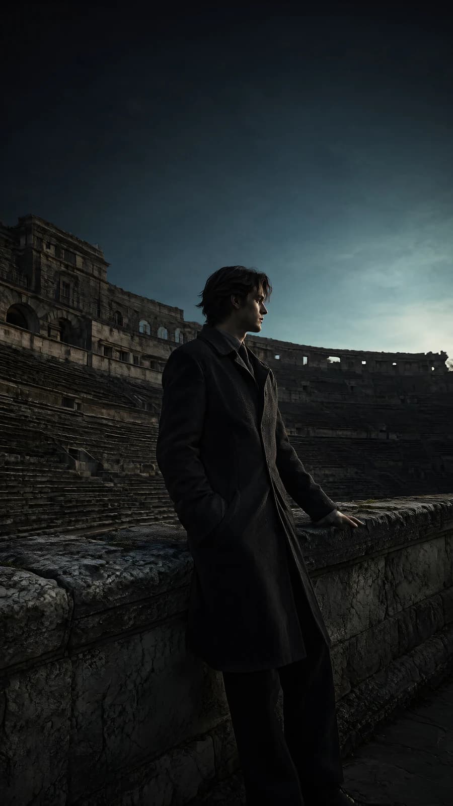 Man in a Dark Coat at an Ancient Amphitheater