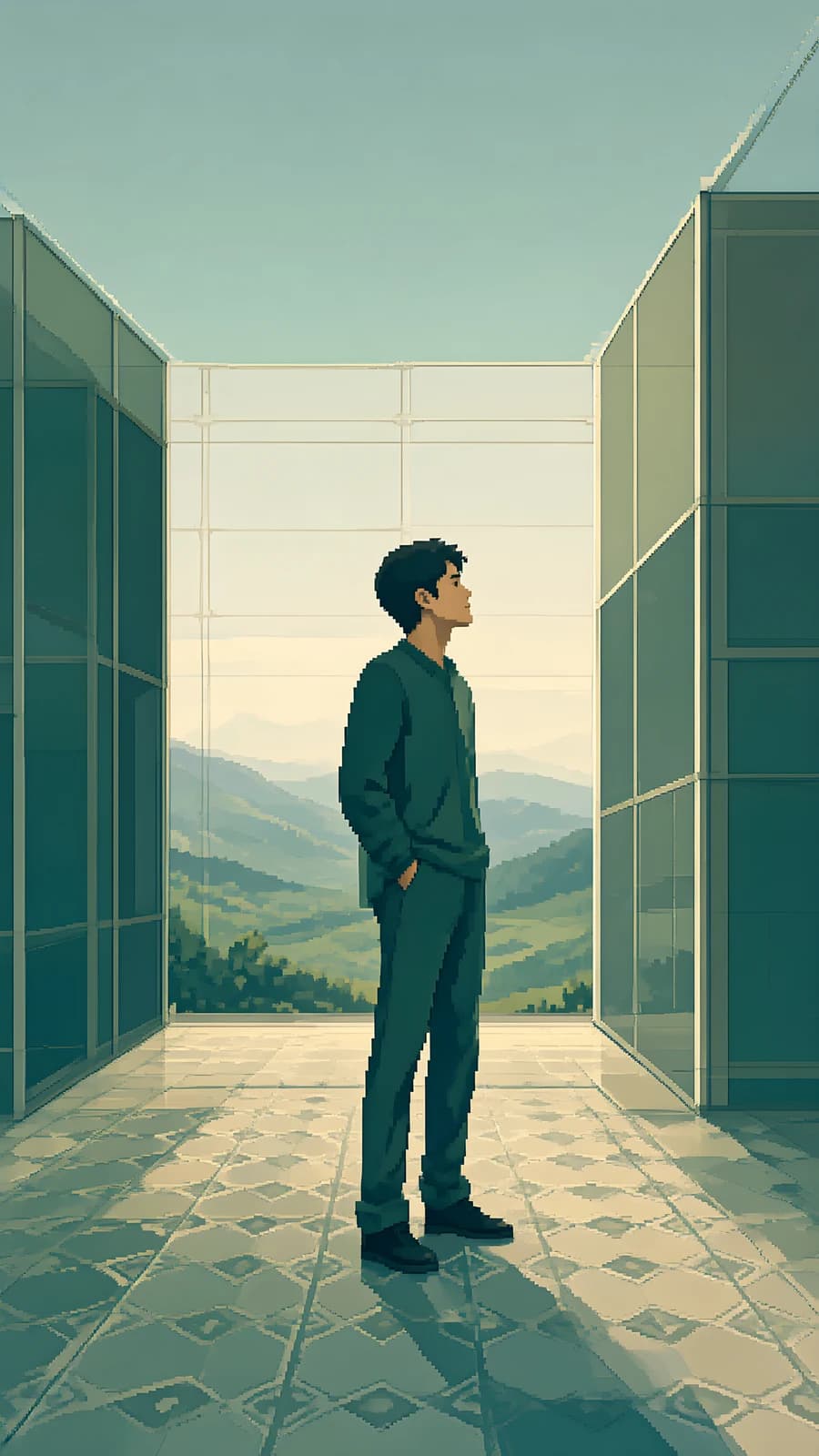 Man in a Glass Corridor