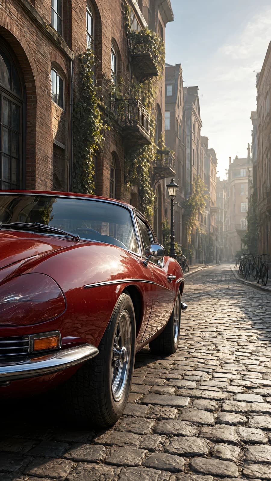 Red Classic Car on Cobblestone Street
