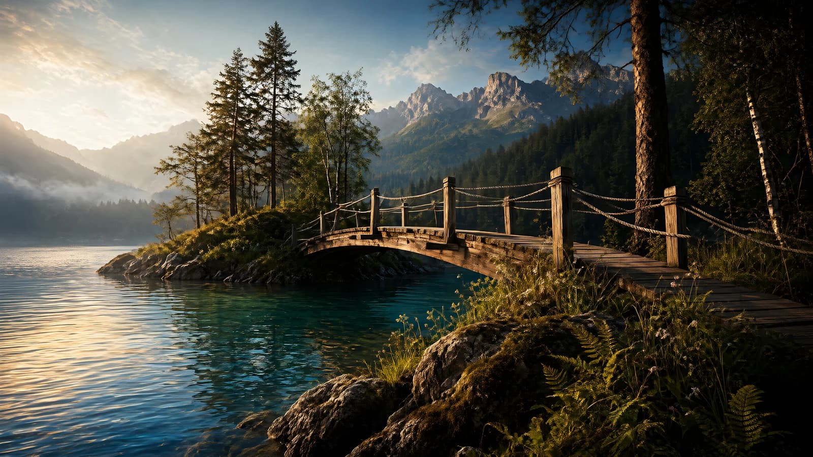Wooden Bridge Over a Mountain Lake