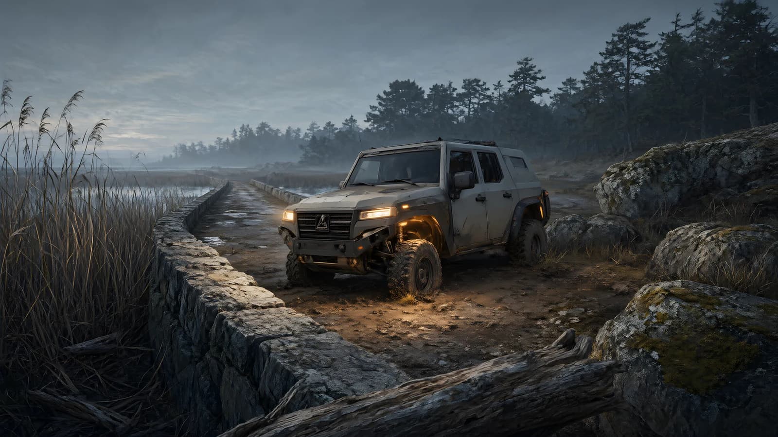 Off-road SUV in a misty landscape