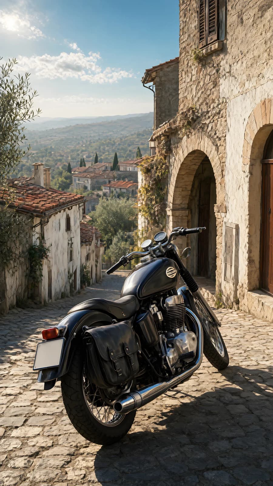 Black Motorcycle on Cobblestone Street