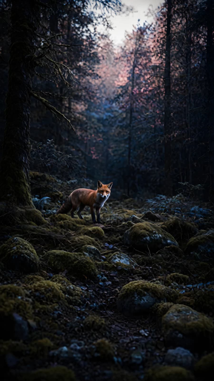 Red Fox in a Dark Forest