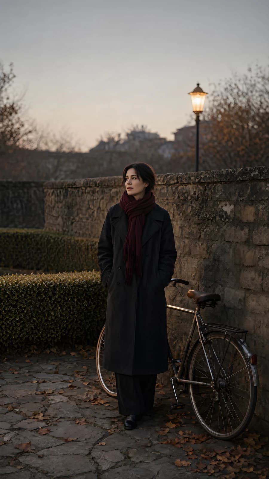 Woman with a bicycle by a stone wall