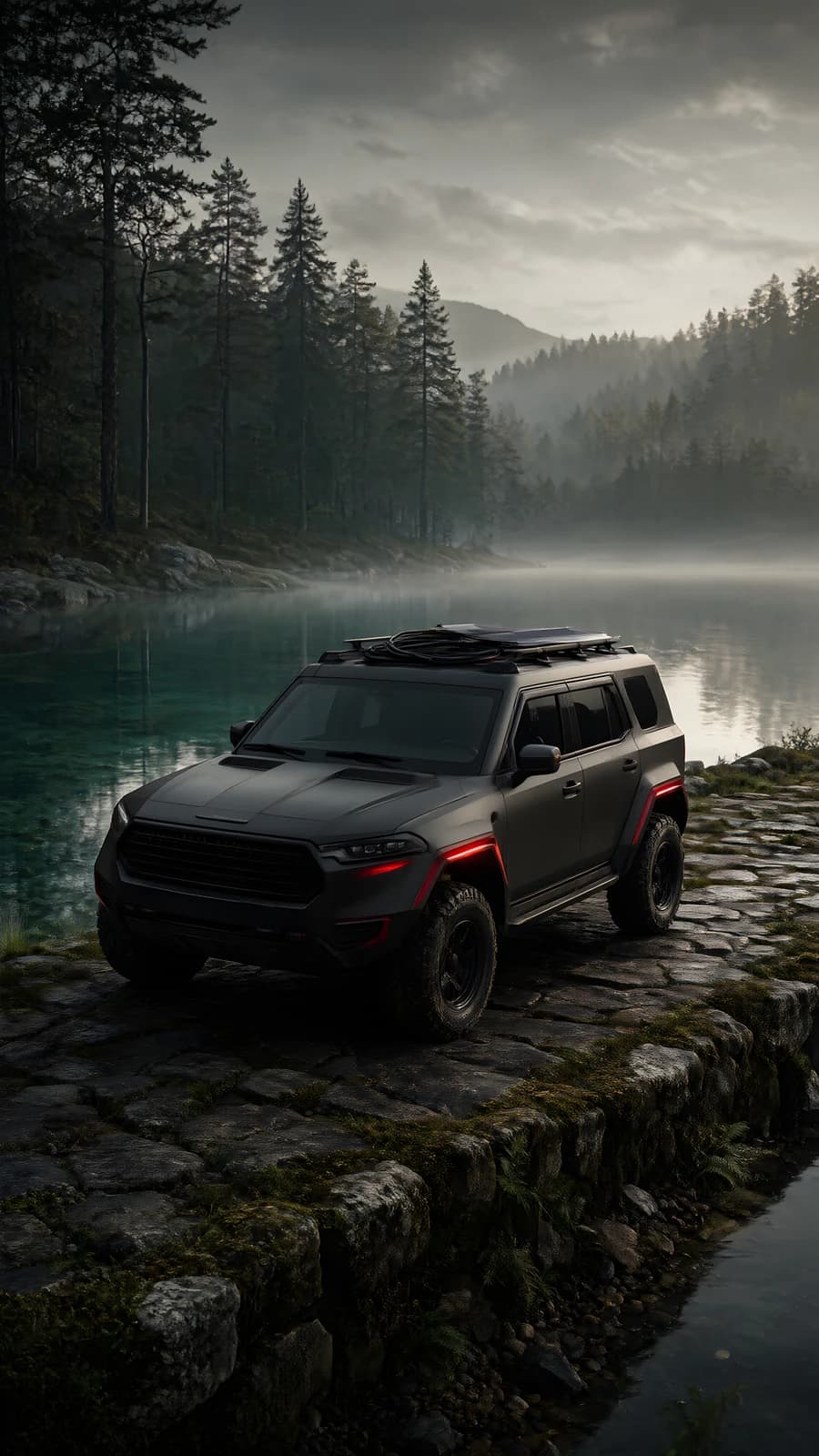Black SUV on a Misty Lake Shore