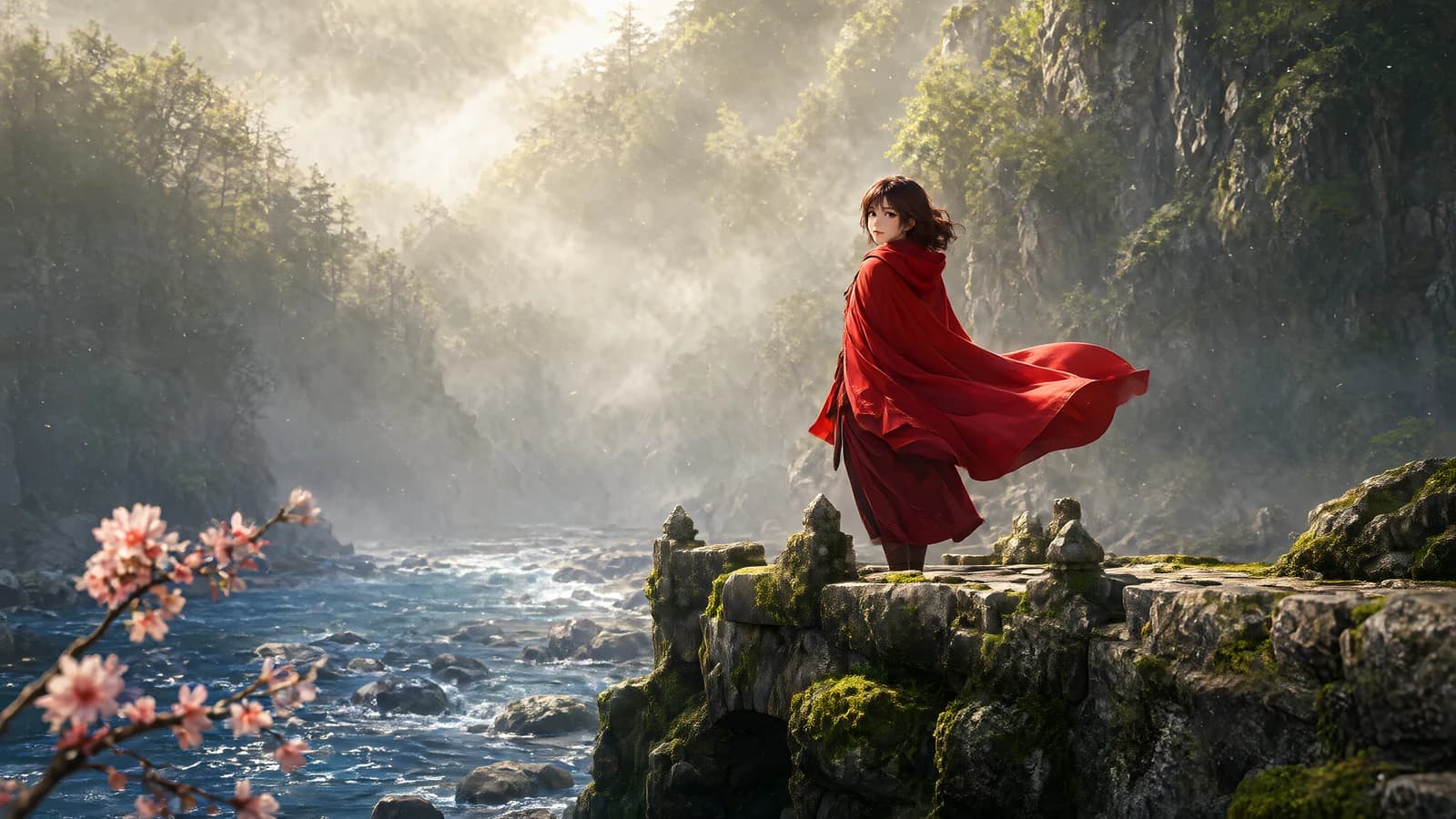 Red Cloak on a Misty Cliff