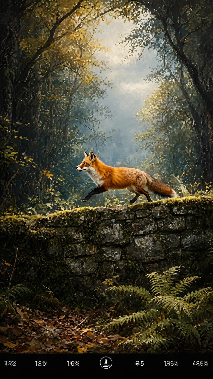 Fox Leaping Over a Mossy Stone Wall