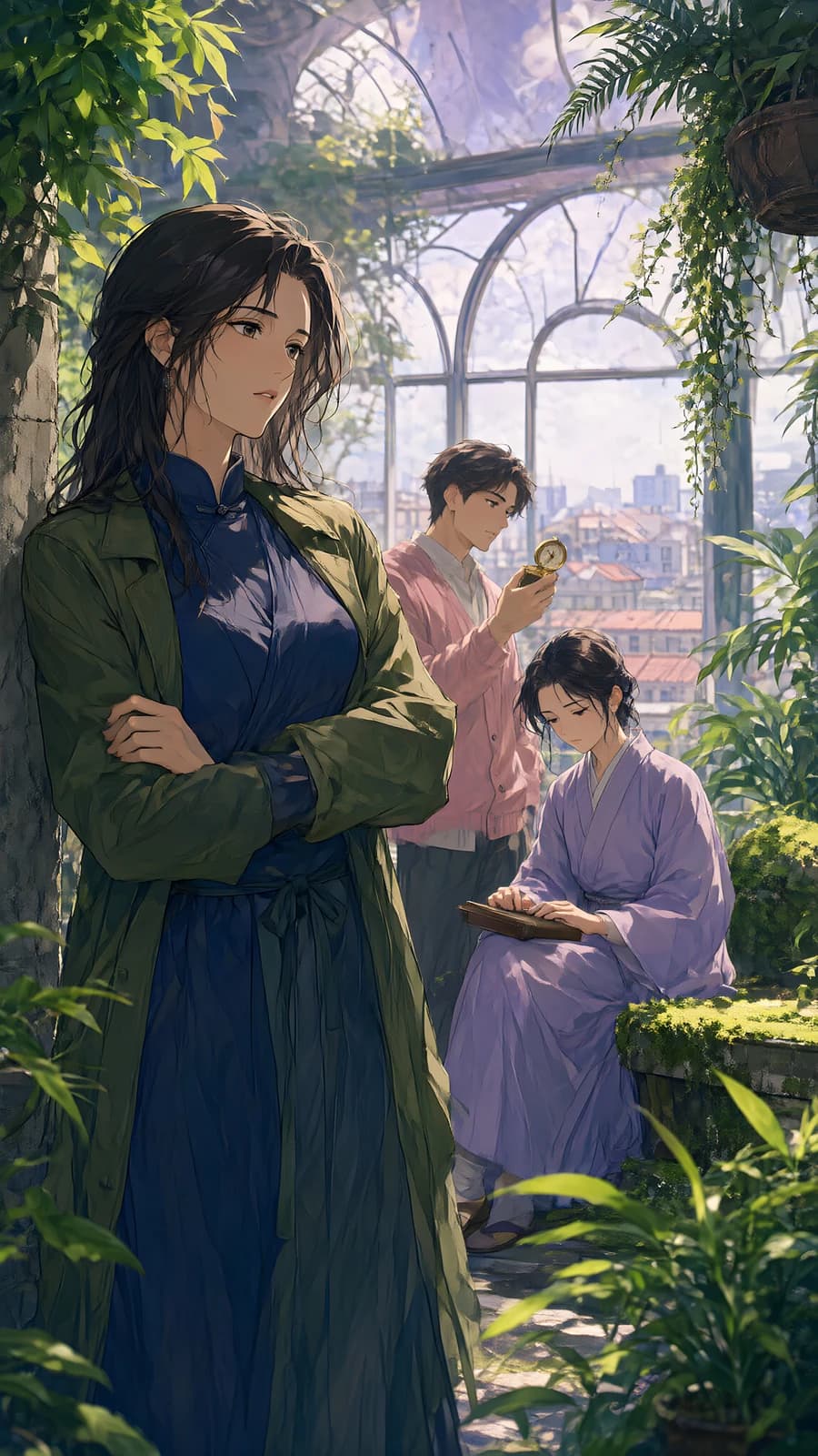 Three Figures in a Sunlit Conservatory