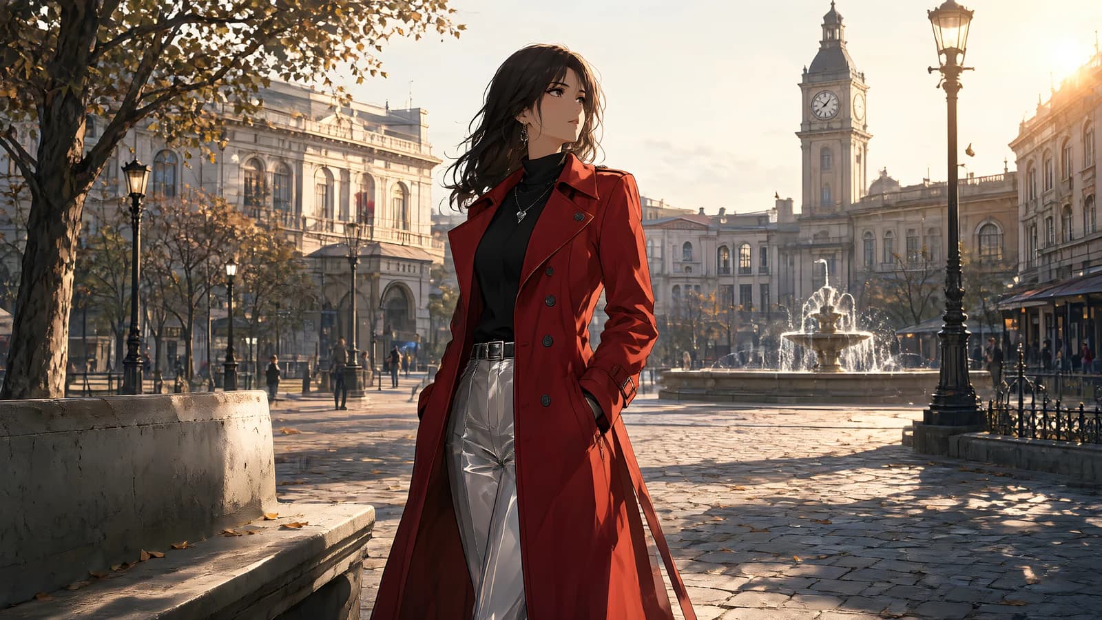 Woman in Red Coat in a European Square