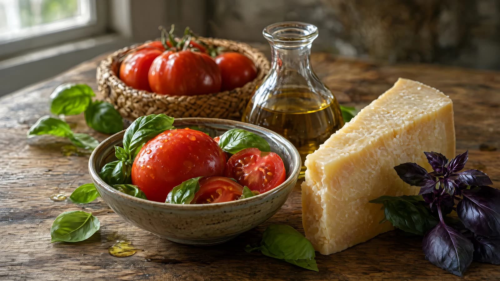 Rustic Table with Tomatoes, Cheese, and Basil
