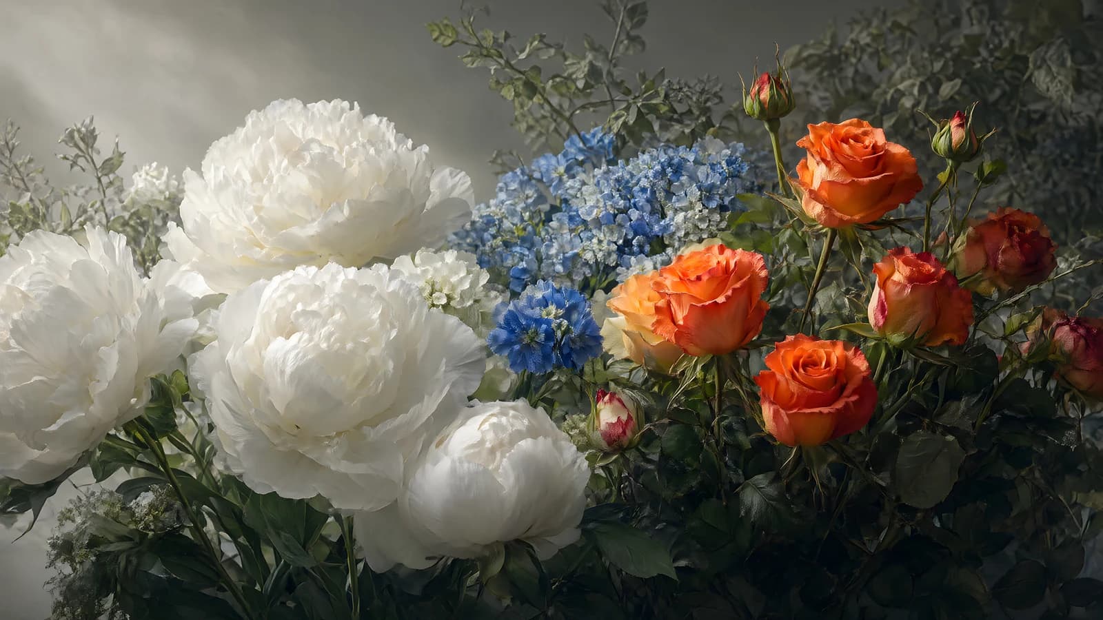White Peonies and Orange Roses