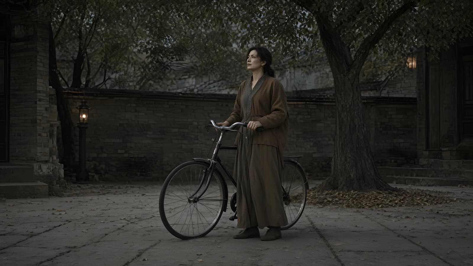 Woman with a Bicycle in a Courtyard