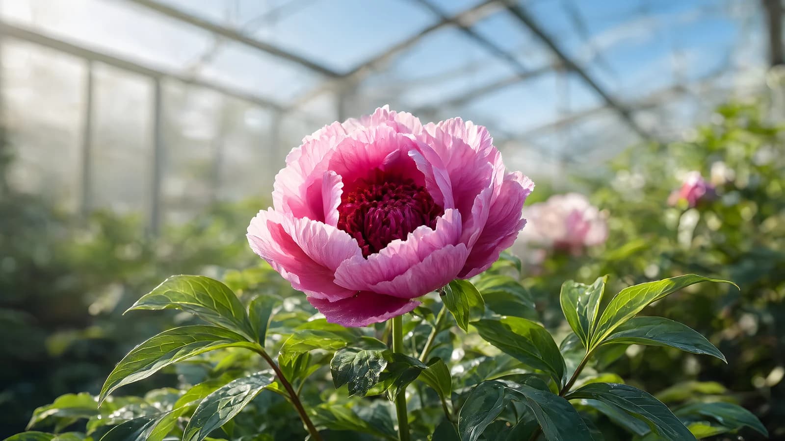 Pink Peony in a Greenhouse