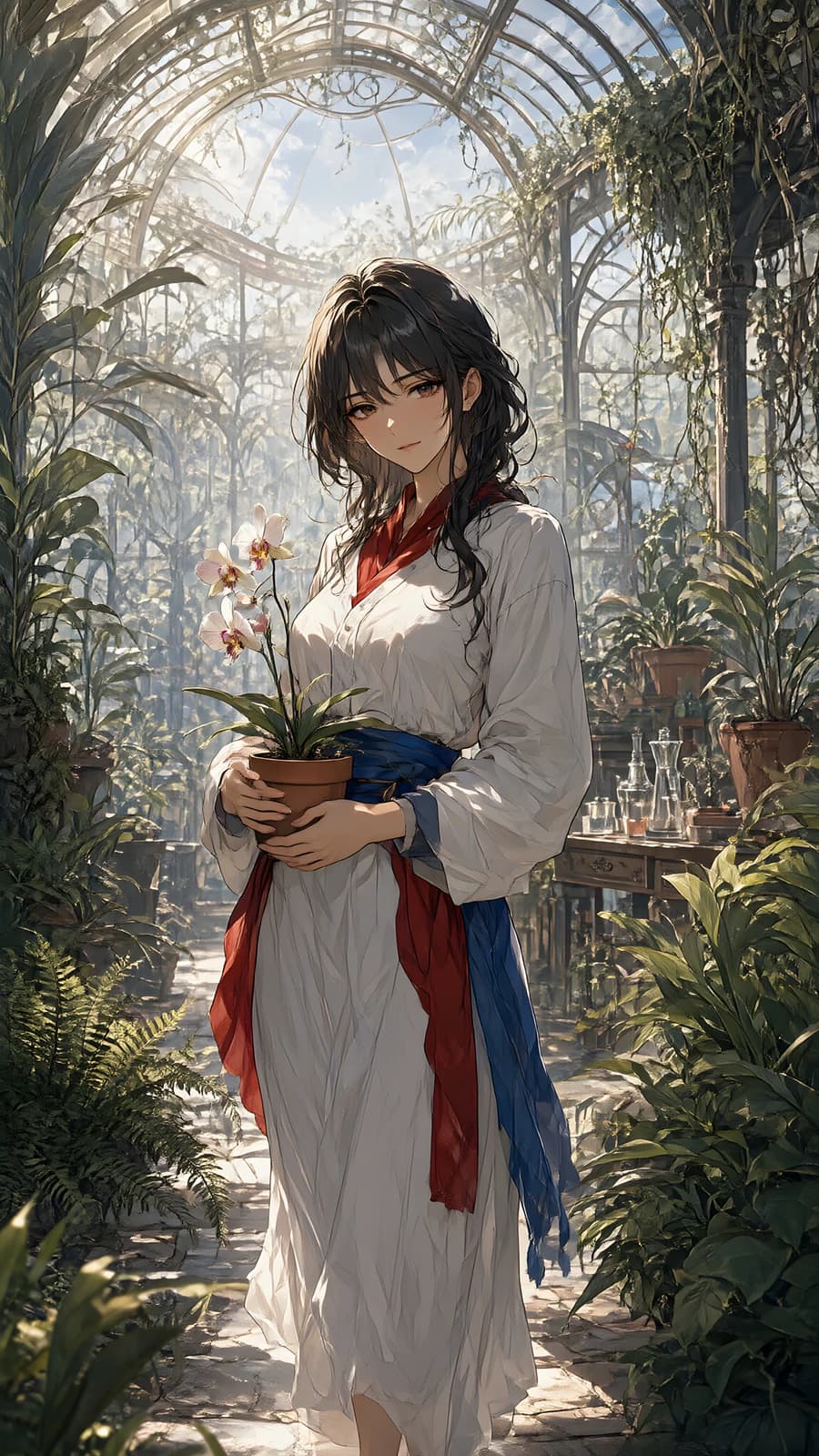 Girl with Orchids in a Glasshouse