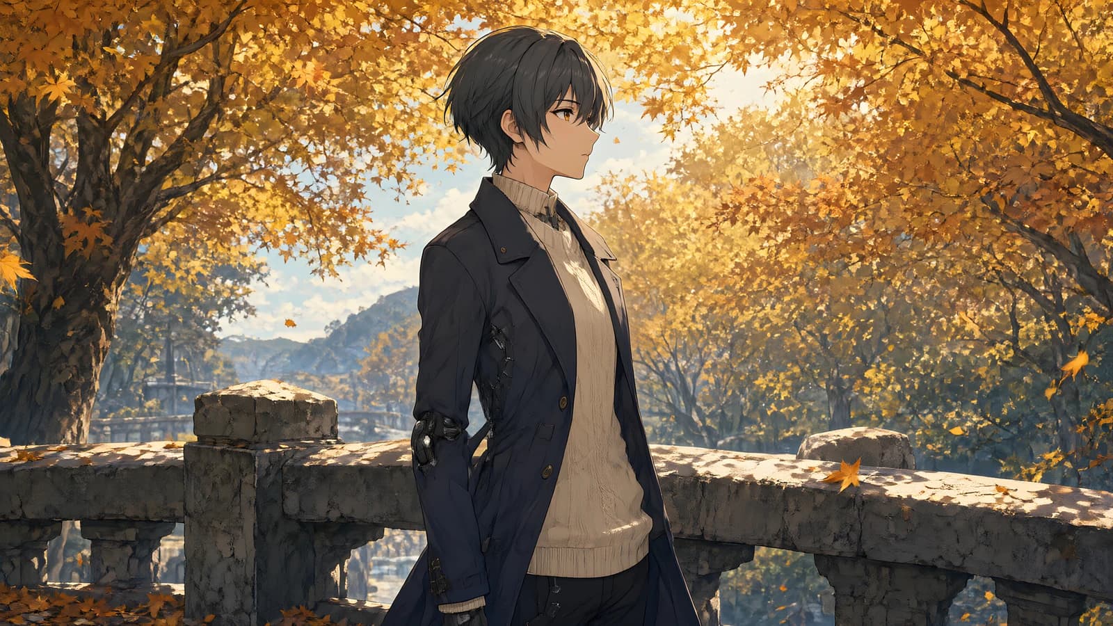 Anime Boy in Autumn Park
