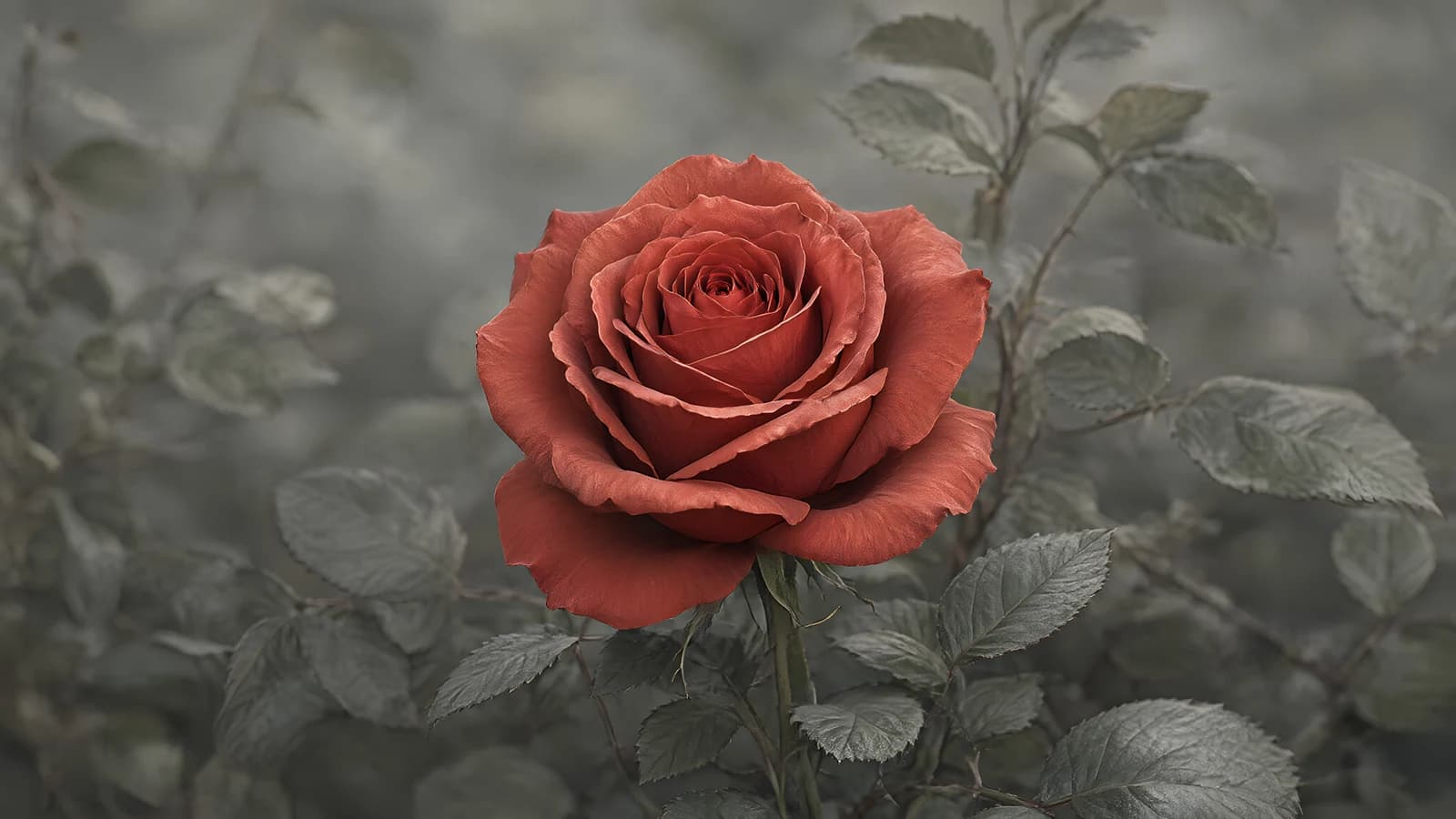 Red Rose in a Muted Garden