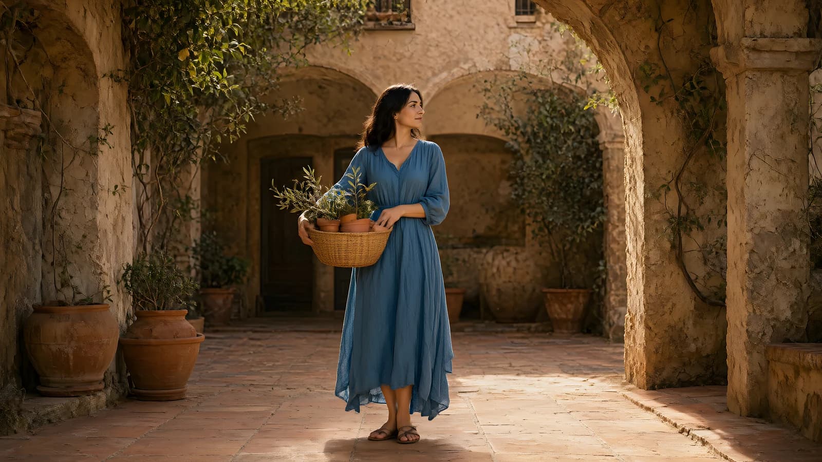 Woman in Blue Dress Holding a Basket of Plants