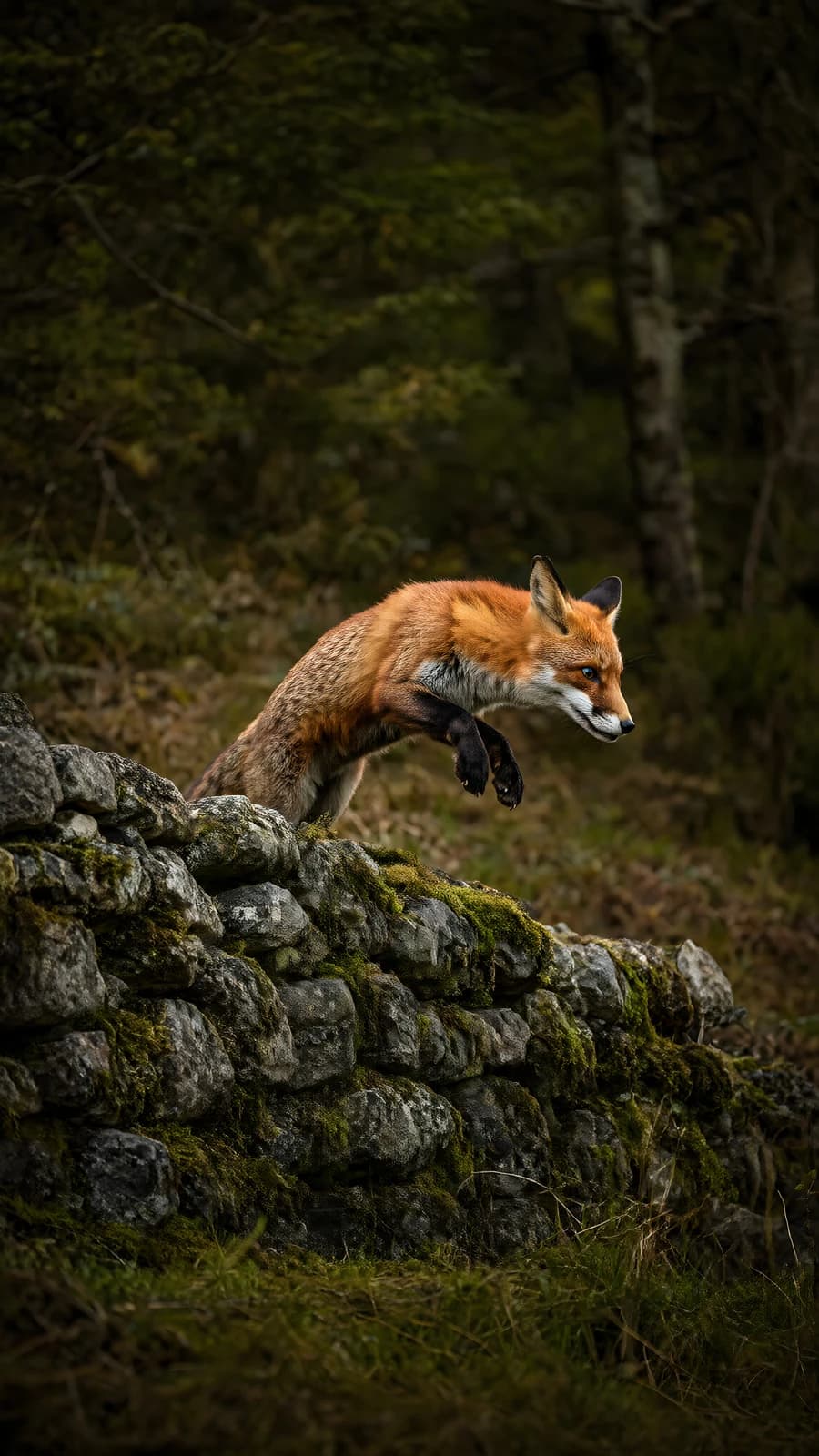 Fox Leaping Over a Mossy Stone Wall