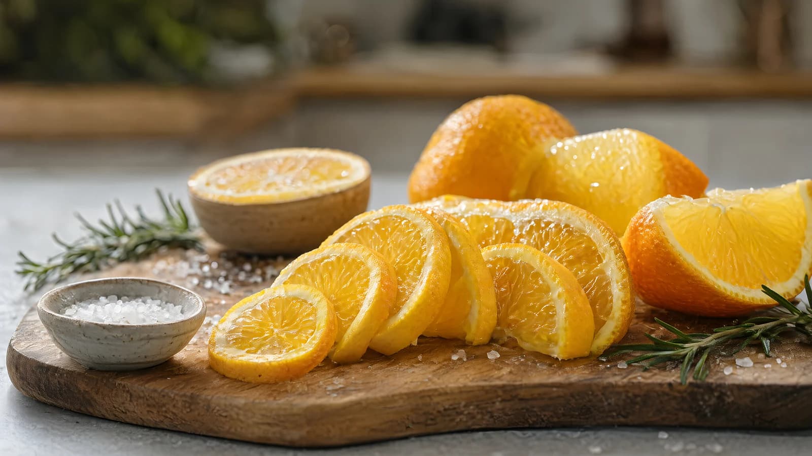 Sliced Oranges on a Wooden Board