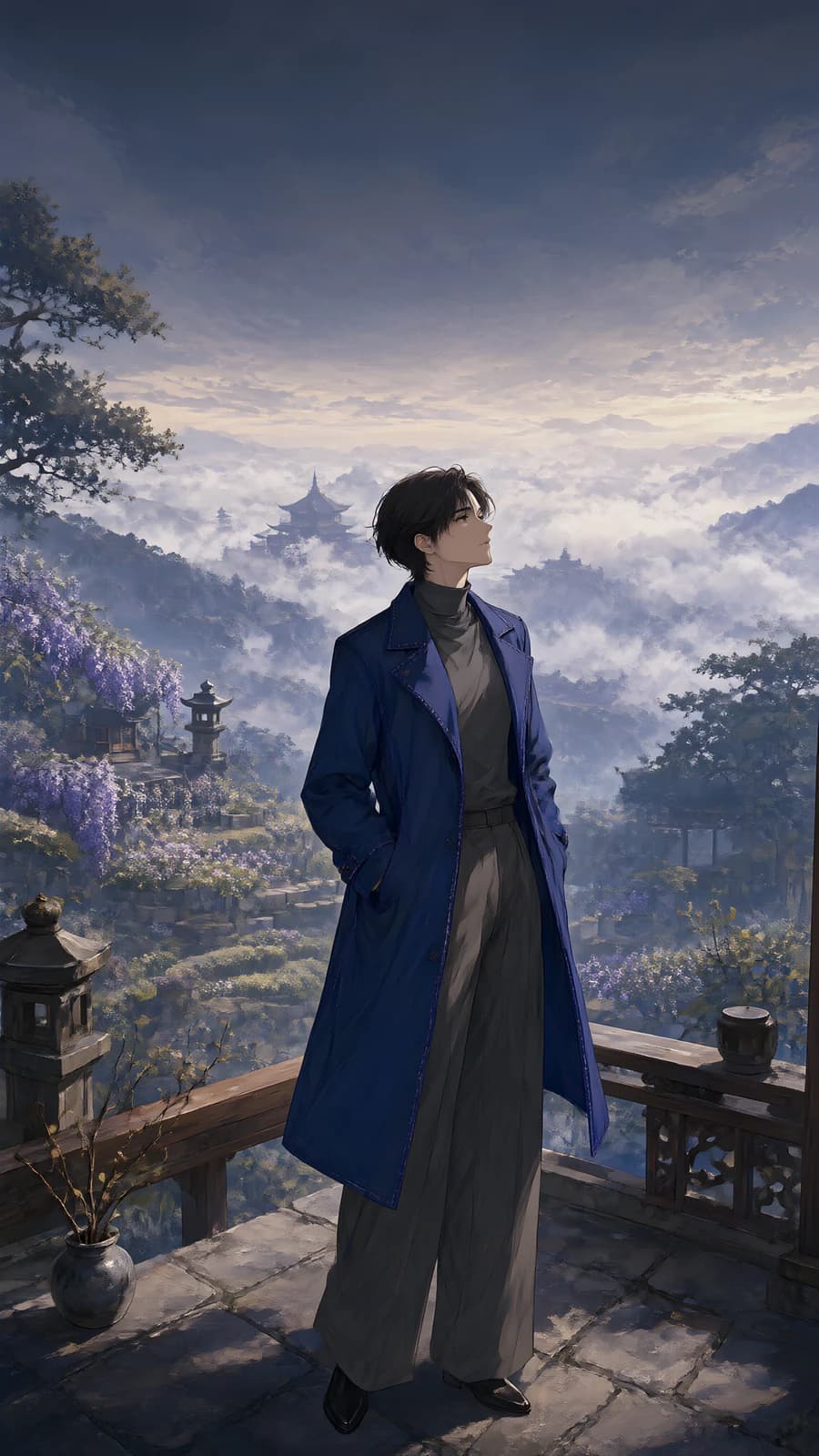 Man in Blue Coat on a Misty Balcony