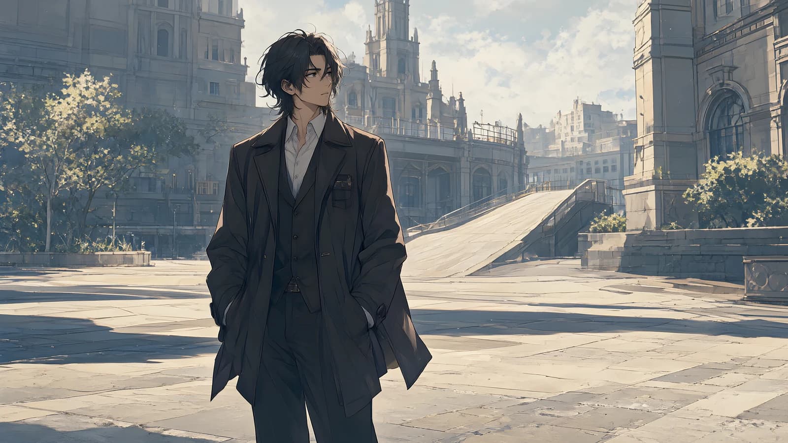 Man in a Coat in a City Square