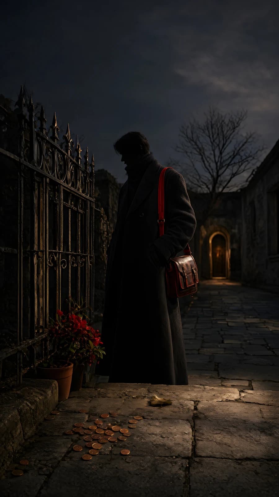 Man with Red Bag in Dark Alley
