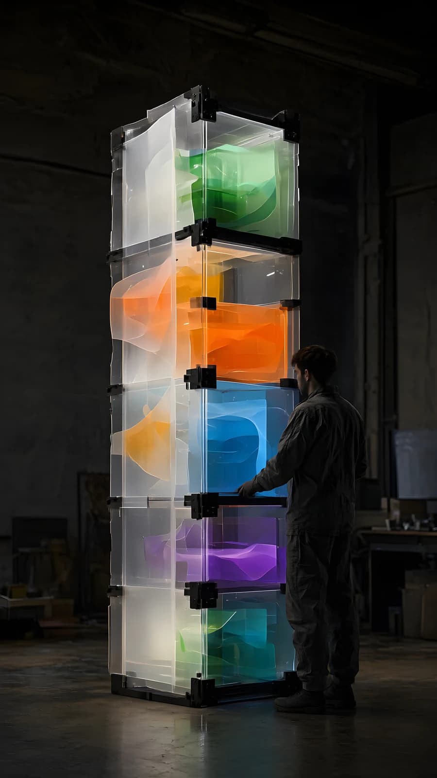 Person Inspecting a Tower of Colored Light Boxes