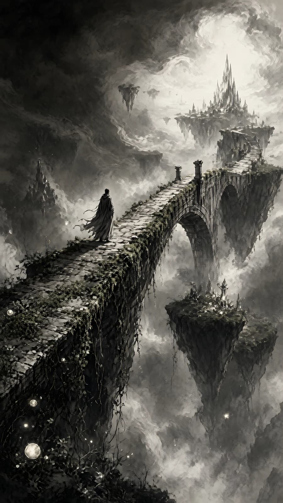 Solitary Figure on a Floating Stone Bridge