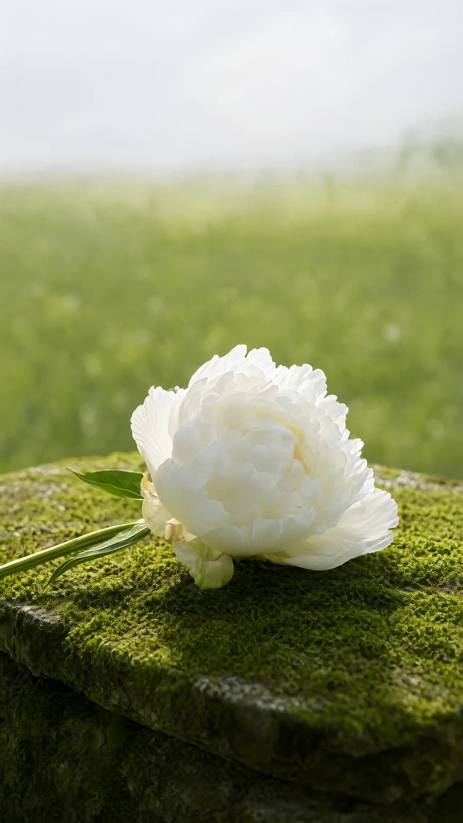 White Peony on Mossy Stone