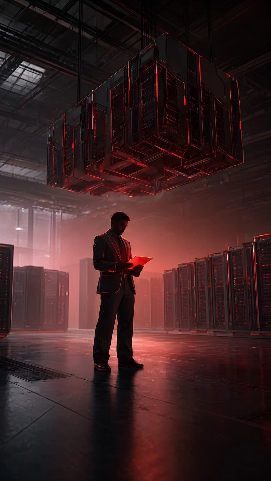 Man in a Red-Lit Server Room