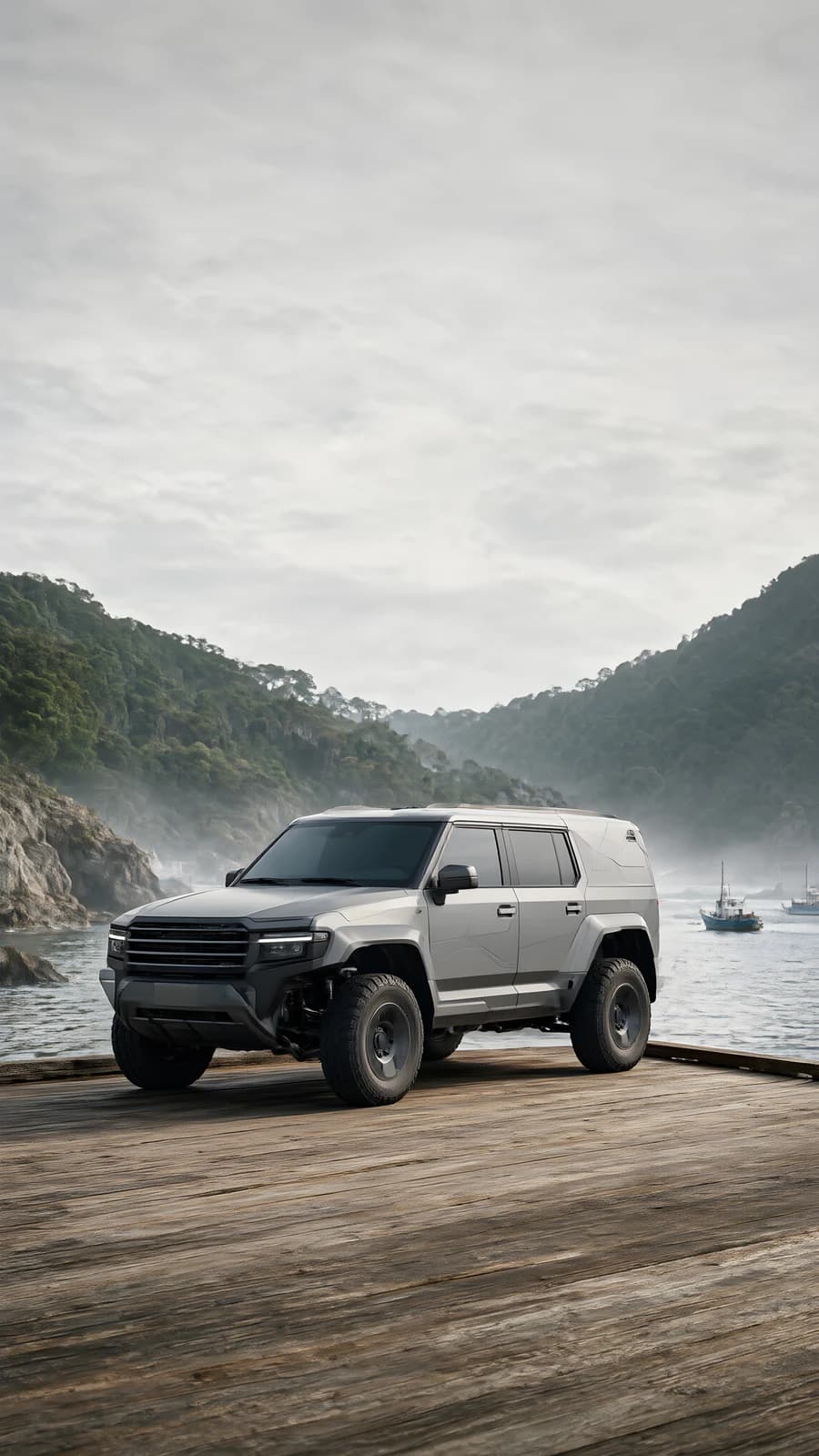Silver SUV on a wooden dock