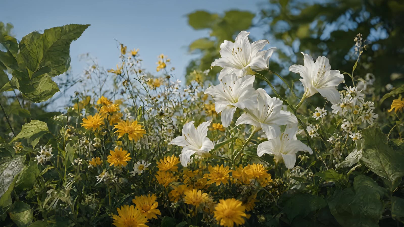 White Lilies and Yellow Flowers
