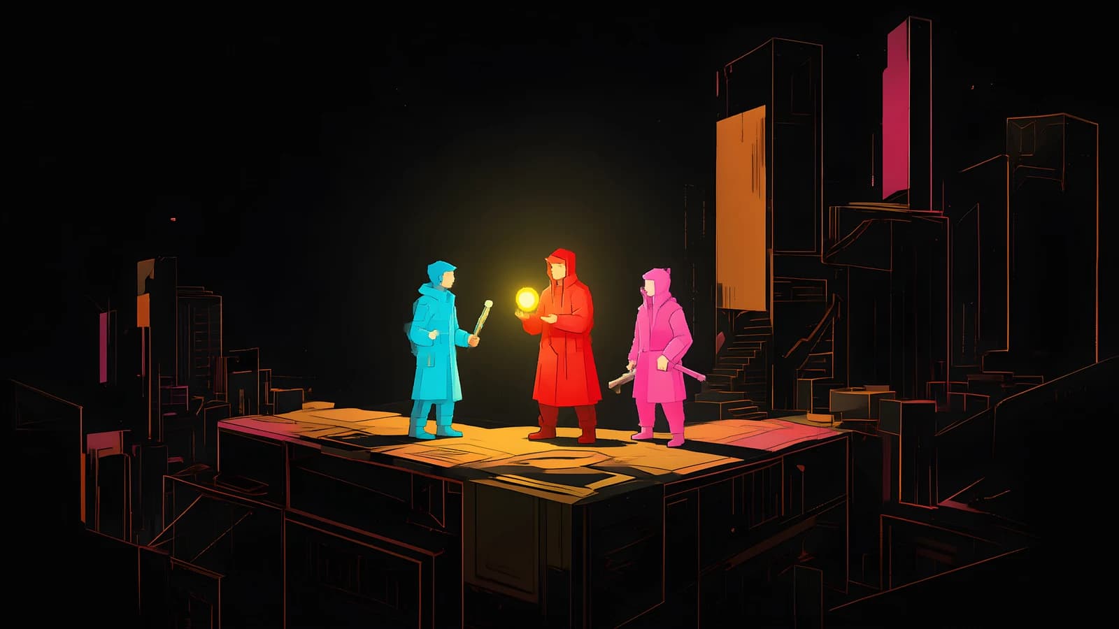 Three Figures on a Rooftop