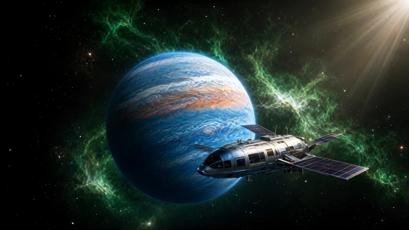 Spaceship Orbiting a Blue Planet