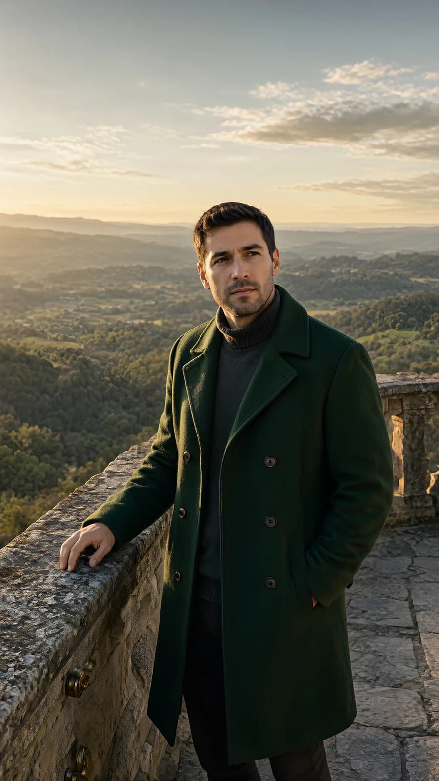 Man in Green Coat on Stone Balcony