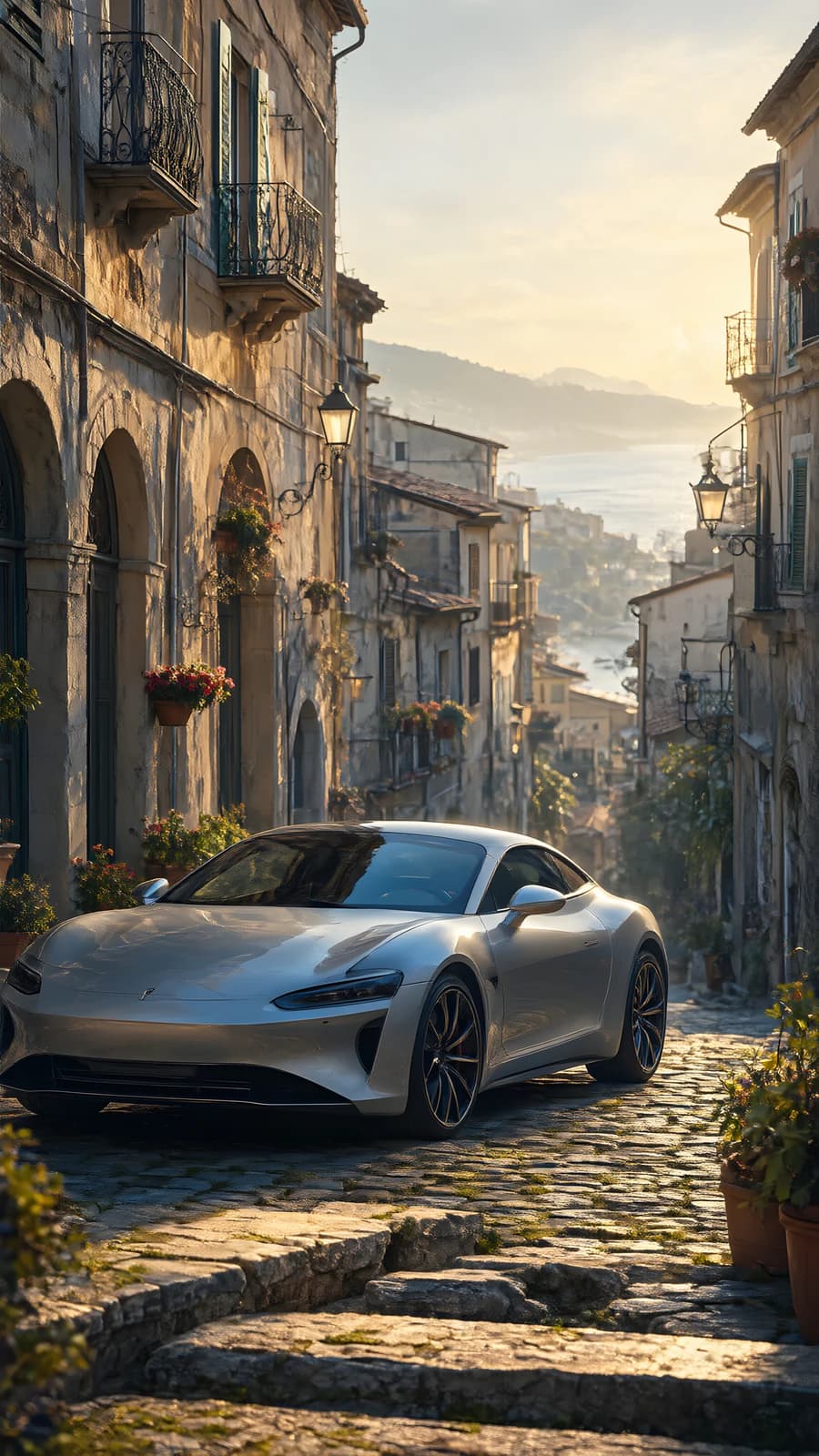 Silver Sports Car on Cobblestone Street