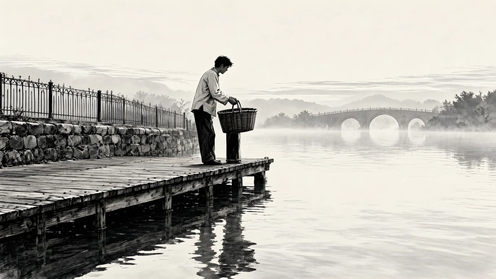 Man with Basket on a Misty Dock