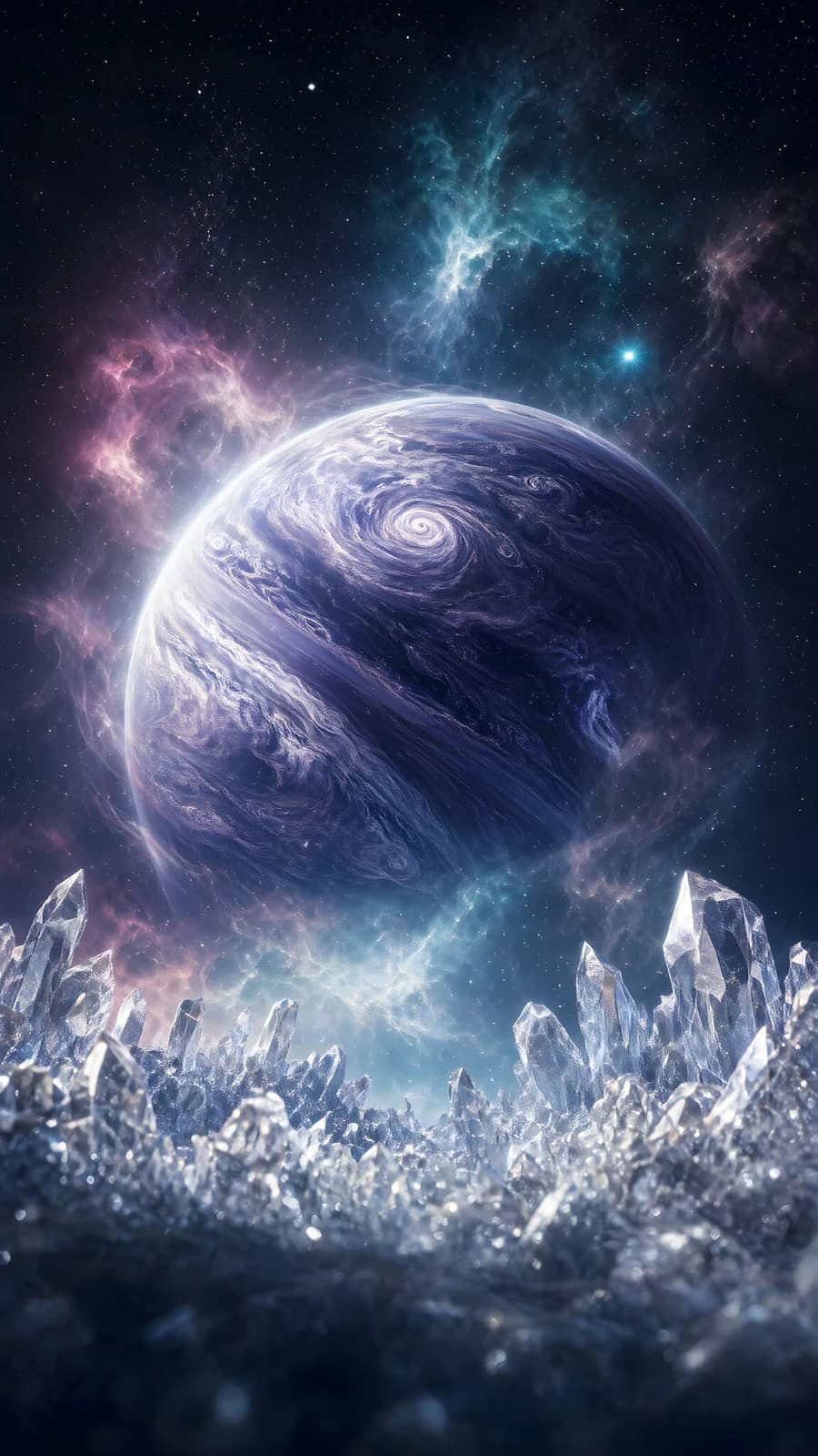Crystal Landscape Under a Swirling Planet