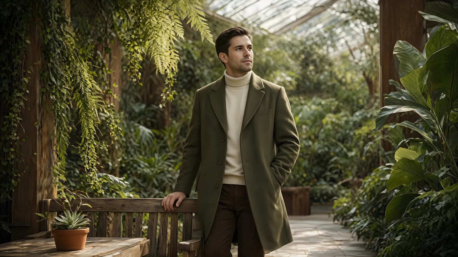 Man in a Green Coat in a Conservatory